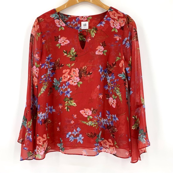 Cabi Devoted Blouse # 3590, Watercolour Floral Print 3/4 Bell Sleeve Top, Small - Picture 12 of 16